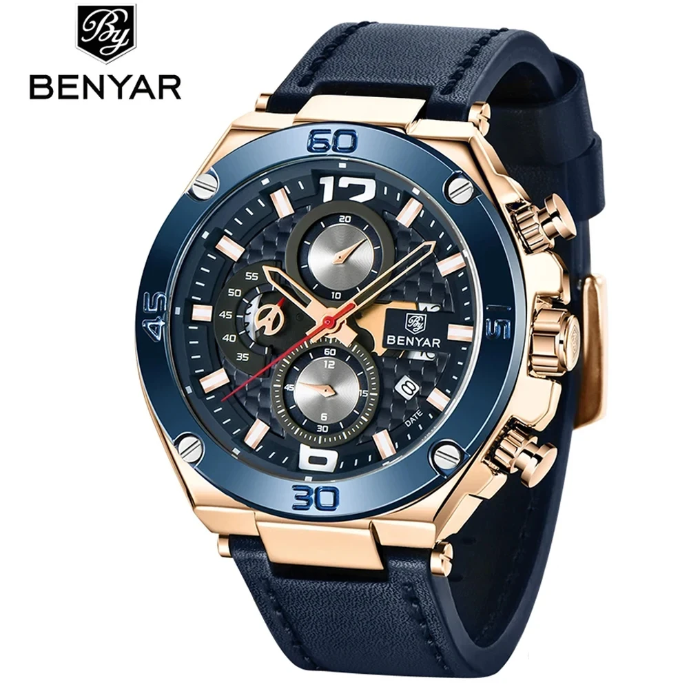 

Benyar 2024 New Luxury Men's Quartz Watch Top grade Mineral Glass Waterproof 3Bar Sports Multi functional Chronometer Code Watch