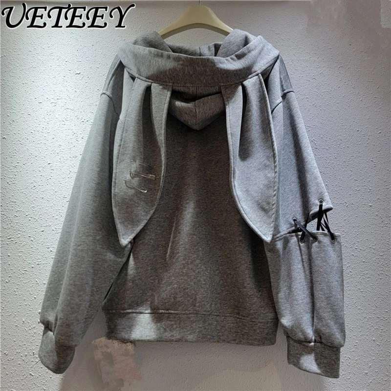 Bluza z kapturem z króliczymi uszami w stylu graffiti High Street dla kobiet, wiosenno-jesienna, subkultura Y2K, słodka, cool kurtka rozpinana, modna.