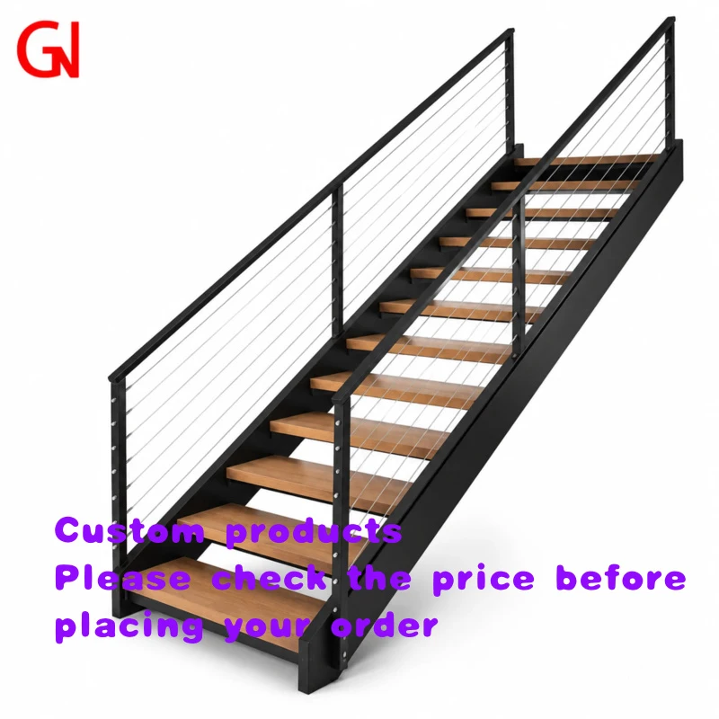 custom.Modern Floating Stairs Stainless Steel Mono Stringer Wood Treads Anti Slip Indoor