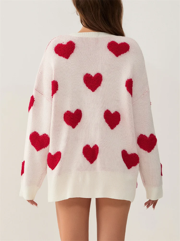 CHRONSTYLE Women Valentine's Day Heart Print Sweaters Long Sleeve Round Neck Loose Casual Pullover Fall Winter Tops 2025 Jumpers