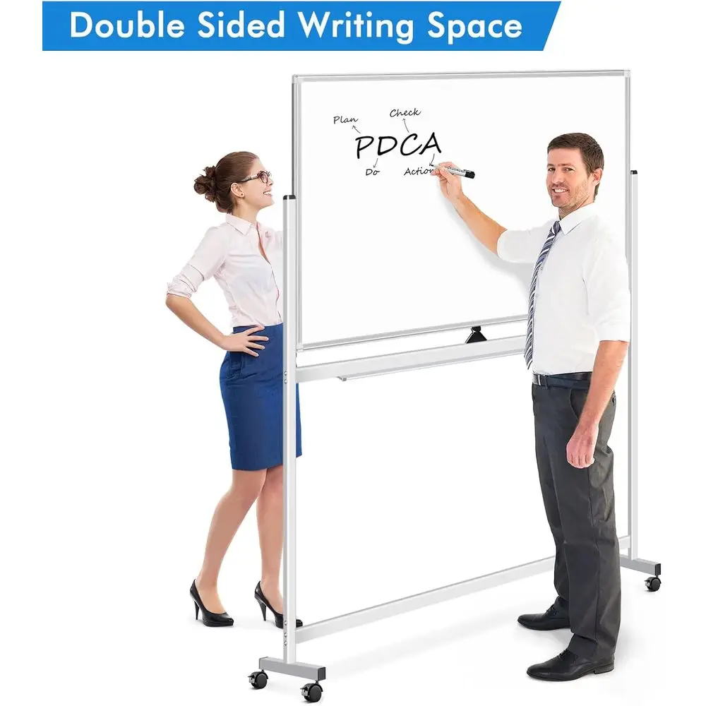 سبورة بيضاء متنقلة مزدوجة الجوانب مقاس 48 × 36 مع سطح مغناطيسي للمسح الجاف، حامل فضي محمول للمكتب والفصول الدراسية والاستخدام المنزلي #2