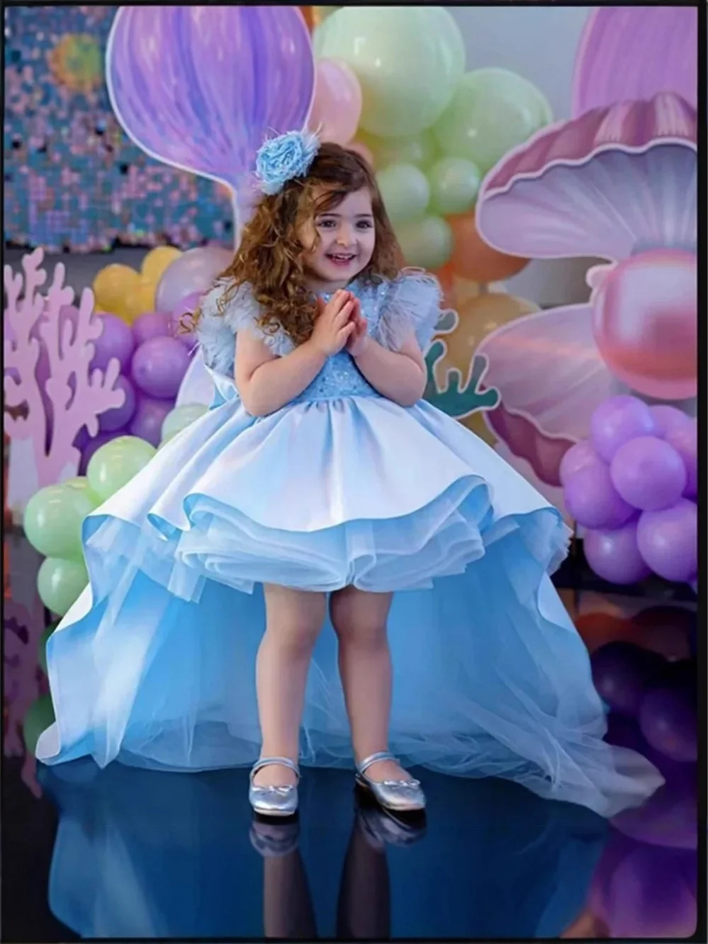

Girls' High - Low Flower Girl Dress, Trending Sequin & Feather - Embellished Tulle Gown for Party & Wedding