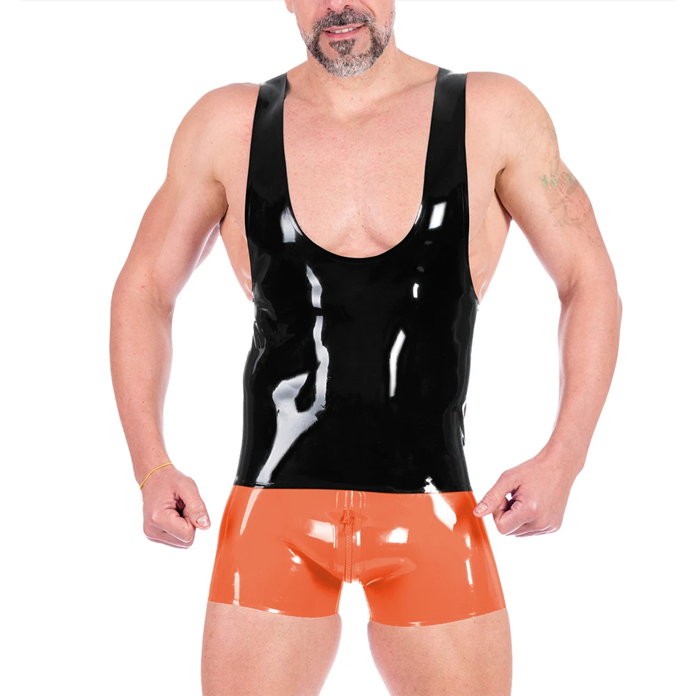 Men Wet Look Patent Leather Short Sets Sexy Lingerie PVC Shiny U-neck Sleeveless Tank Top with Zipper Open Crotch Shorts Clubwer