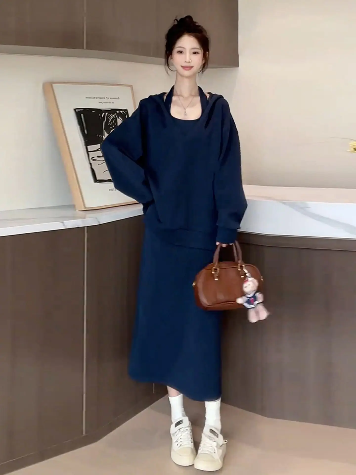 2025 New Korean Sle Loose Feel Sweatirt Set Dr Women Early Autumn High End Sensation ort Skirt Faionable Outfit
