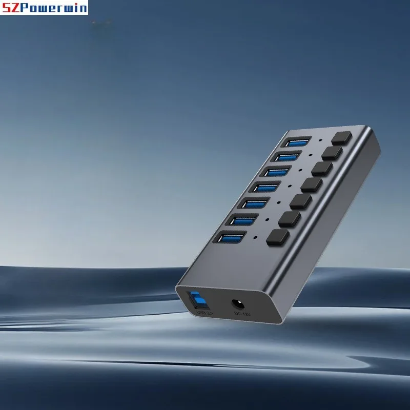 USB3.0 Hub الألومنيوم الصناعي 7-Port/10-Port/16-Port Splitter Split Switch مع محول الطاقة لأجهزة Macbook والهواتف المحمولة والأجهزة اللوحية