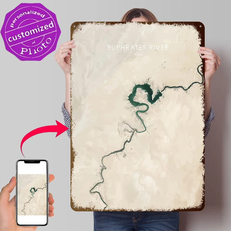 Euphrates River Iraq Art Personalized 3D Textured Metal Poster Wall Art Tinplate Sign for Coffee Bar Accessories Wand Deko Decor