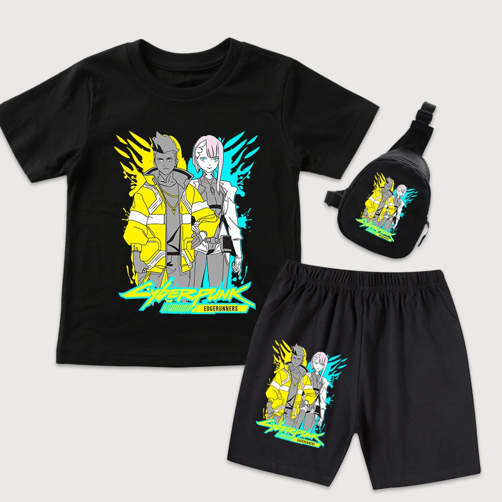 Cyberpunk Edgerunners David x Lucy Anime Print Cotton T Shirt Shorts Mini Chest Bag 3pcs Set Kids Boys Girls Casual Outfit