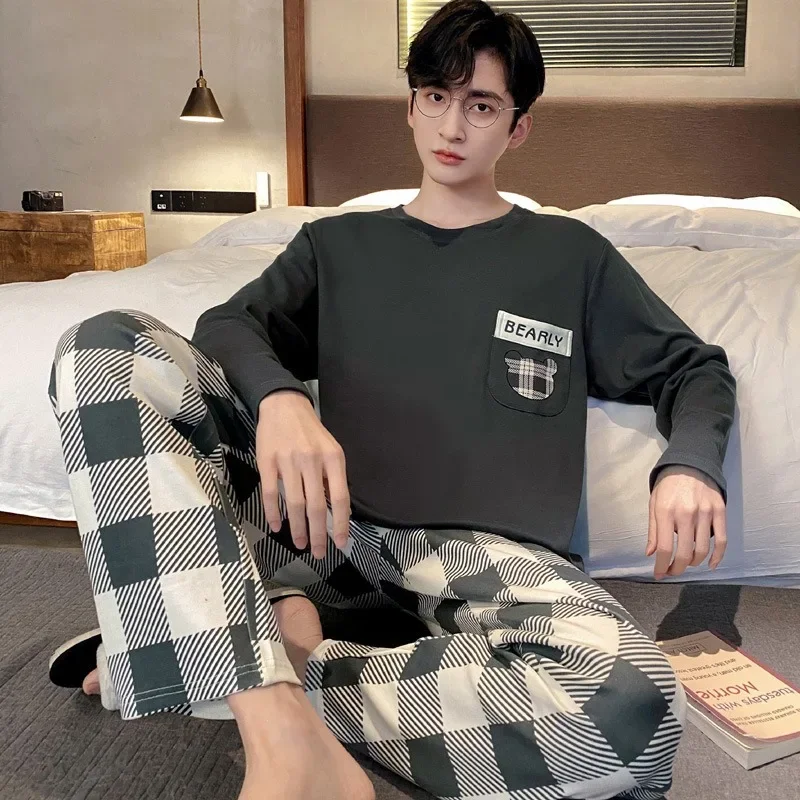 

Large Size Spring Cotton Pajamas Sets Men's Korean Version Long-Sleeved Ops and Pants 2PCS/Set Plaid Sleepwear Loose Homewear