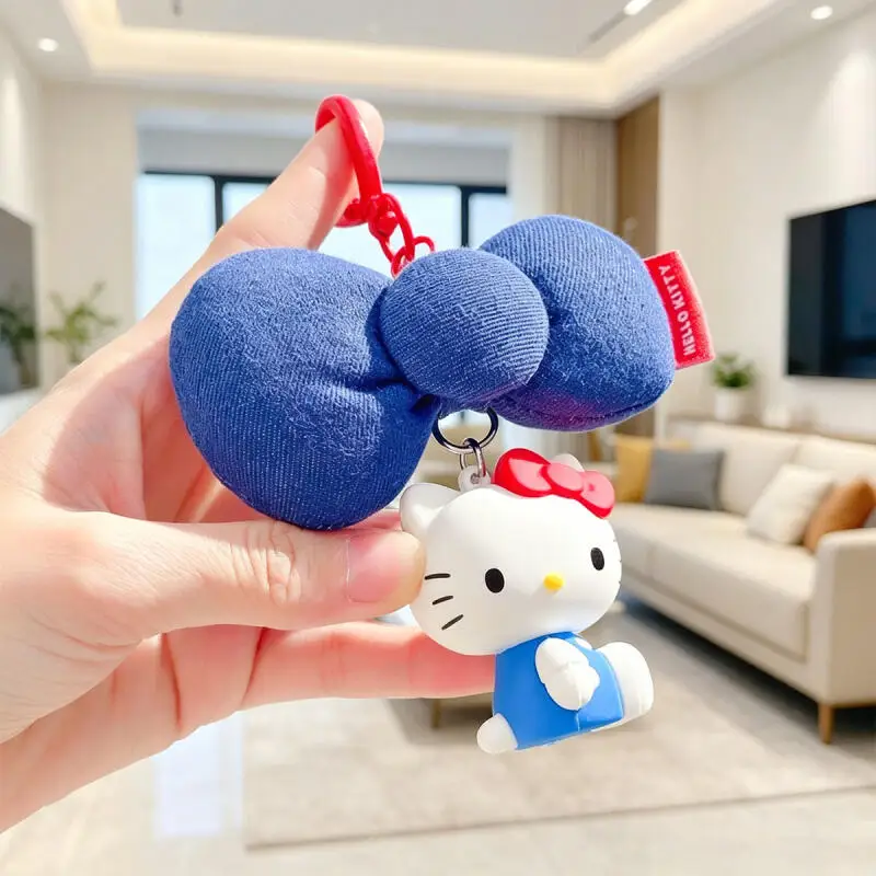 Hello Kitty Denim Bow Keychain Bag Pendant Cartoon Car Key Hanging Decor Daily Accessory Gift view 2