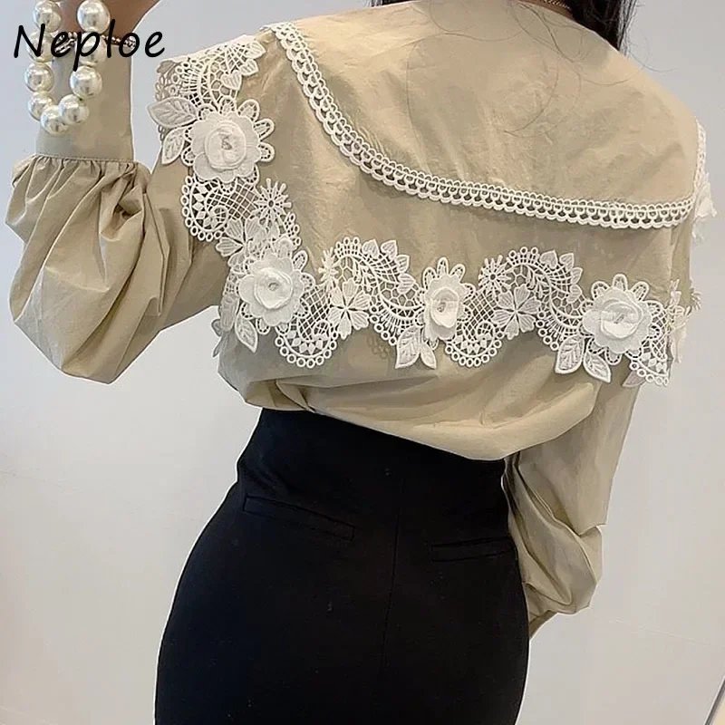 Neploe 2024 New Trendy Double-layer Peter Pan Collar Blouses Women Hollow Lace Lantern Sleeve Shirts Woman Button Up Tops Mujer