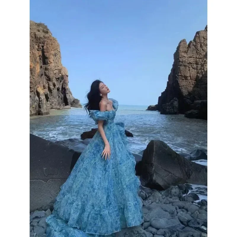 2024 Spring Princess Elegant Dress Women Puff Sleeve Print Y2k Evening Party Dress Female France Vintage Chic Irregular Clothes