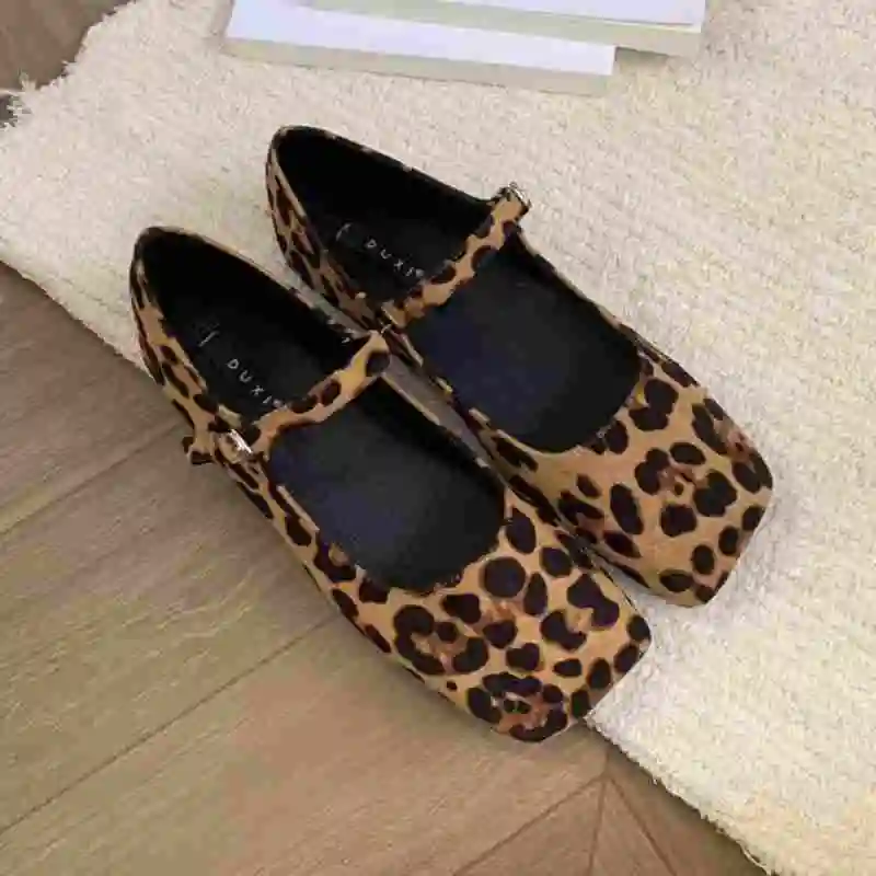 Flat Heels French Dress Party Shoes for Woman Mary Jane Square Toe Leopard Print Classic casual Lady Shoes Fashion Shallow Mujer