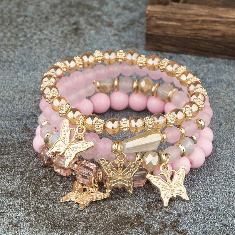 Conjunto de pulsera con cuentas de mariposa para mujer, brazalete de cadena elástica con cuentas acrílicas rosas, regalo de joyas de fiesta bohemia, 4 Uds.