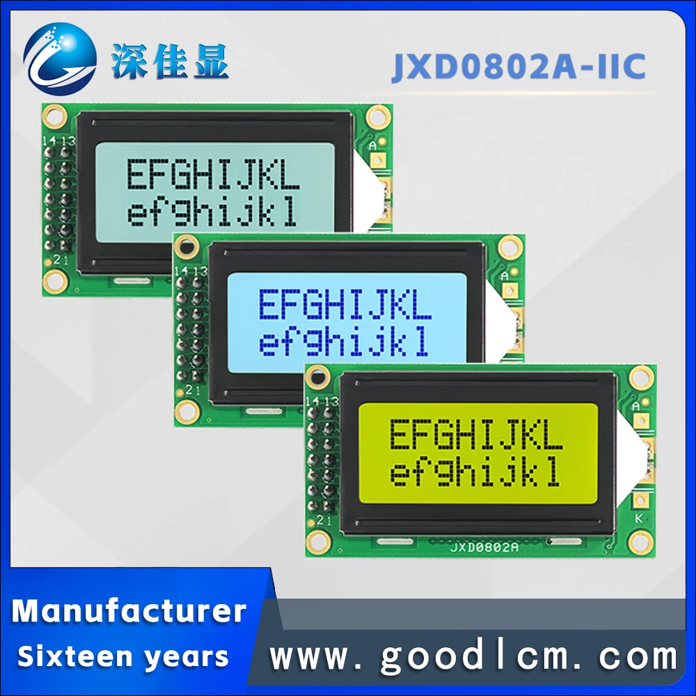 

supports IIC/I2C Available in multiple colors 0802 character dot matrix screen JXD0802A clear LCD module ST7066/AIP31066 drive