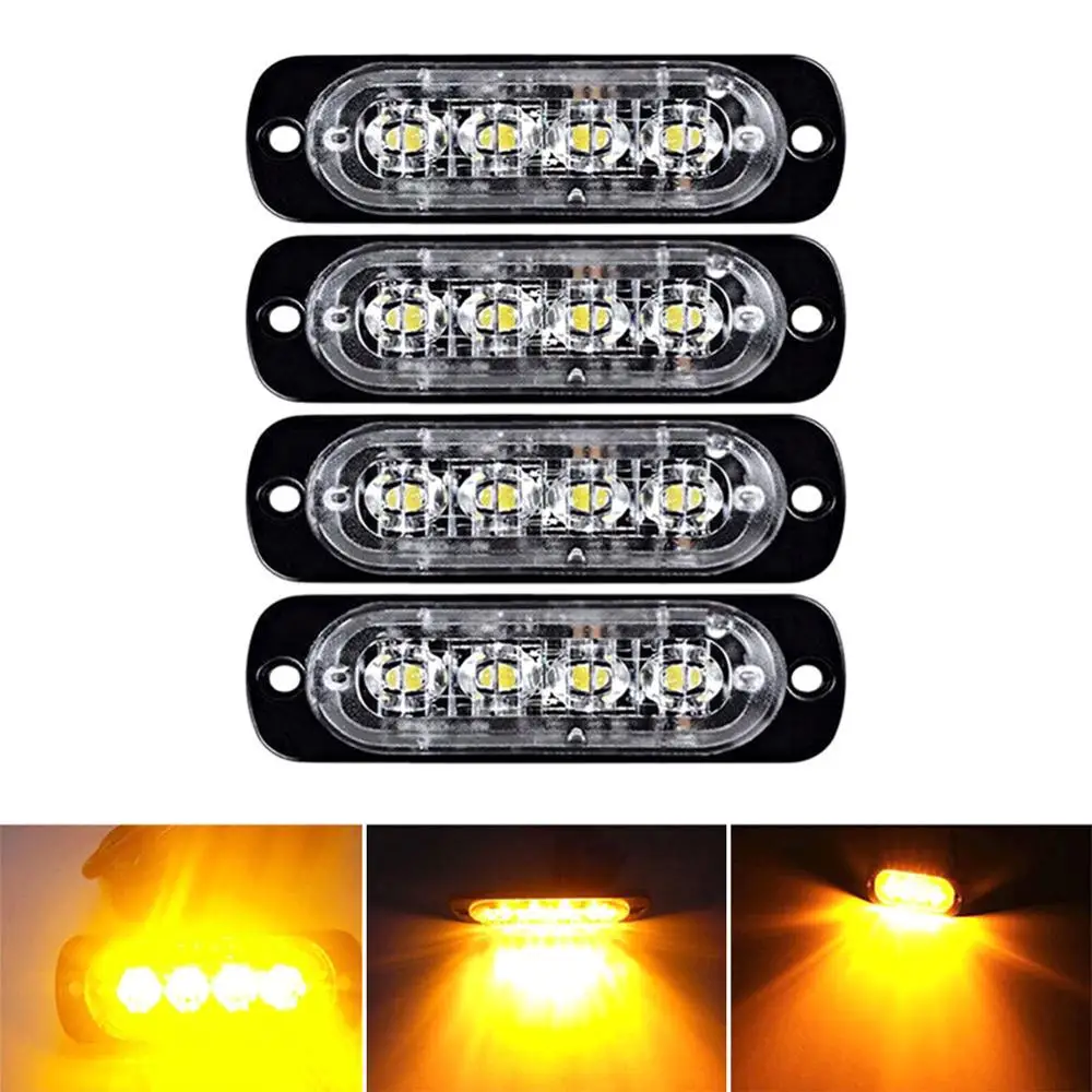 4x Amber 4-LED Flashing Recovery Strobe Car Emergency Light Grill Breakdown 12V Ultra-thin Strobe Car LED Flasher Light Assembly