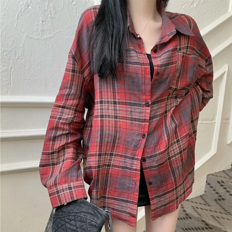 Red Plaid Shirts Women Single Breasted Turn Down Collar Long Sleeve Tops Sun-proof Autumn Streetwear Fashion Casual Korean Style