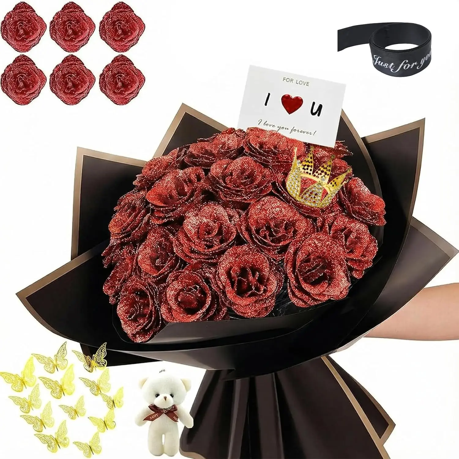 

Glitter Roses Bouquet, DIY Fake Glitter Flowers Bouquet, Everlasting Shiny Artificial Red Rose