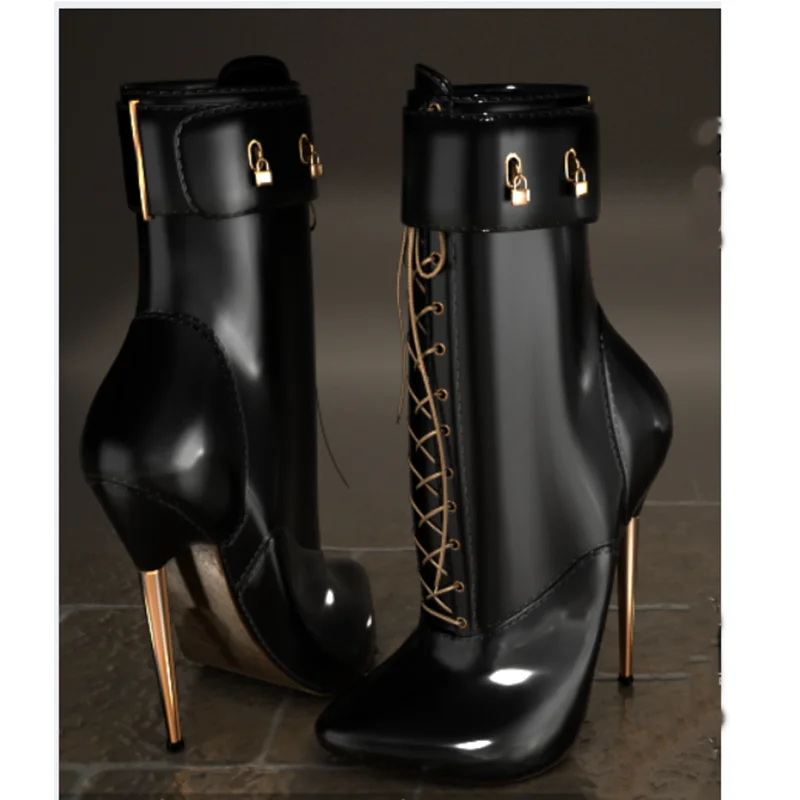 

Black Lock Lace Up Matte Boots Pointed Toe Thin High Heel Fashion Sexy Cool Winter Big Size 2024 Woman Shoes Zapatillas Mujer