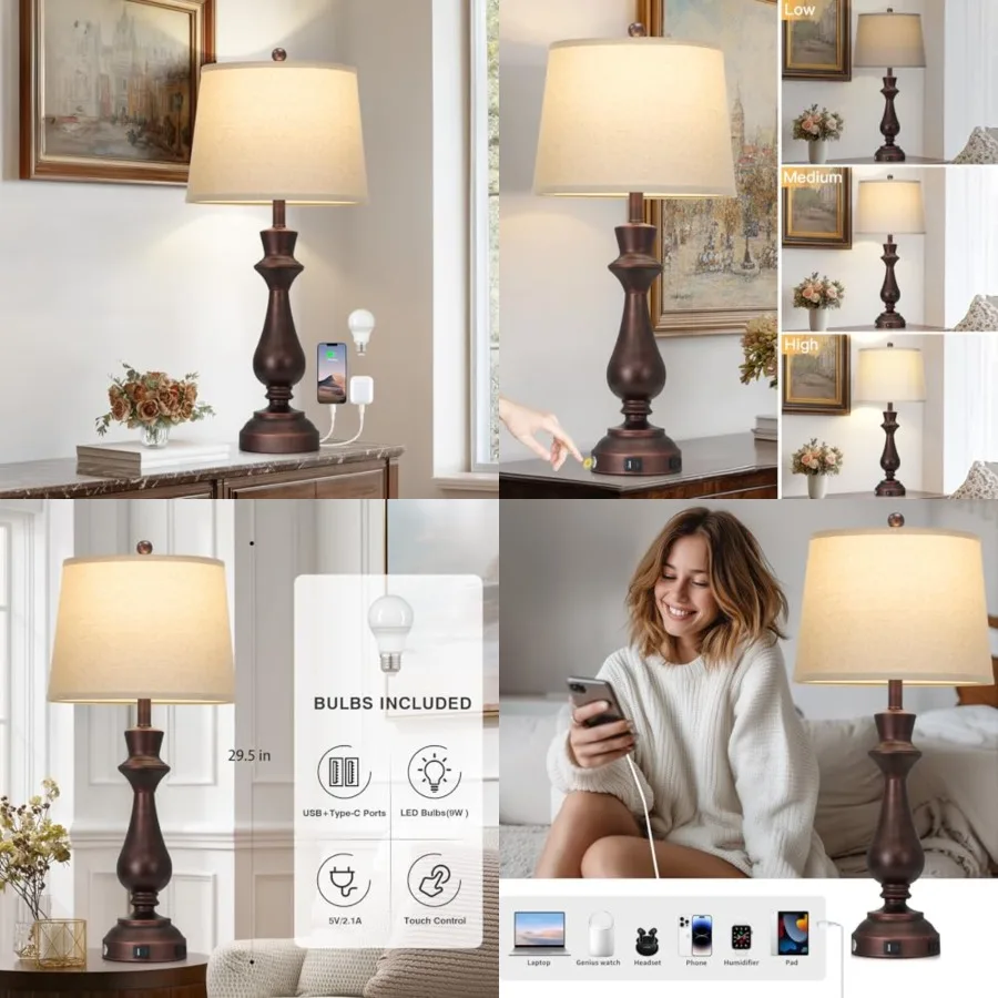 

Vintage Table Lamp for Living Room, 30" Tall Bedside Lamp with USB Charging Port, 3-Way Dimmable Touch Nightstand Lamp for Bedr