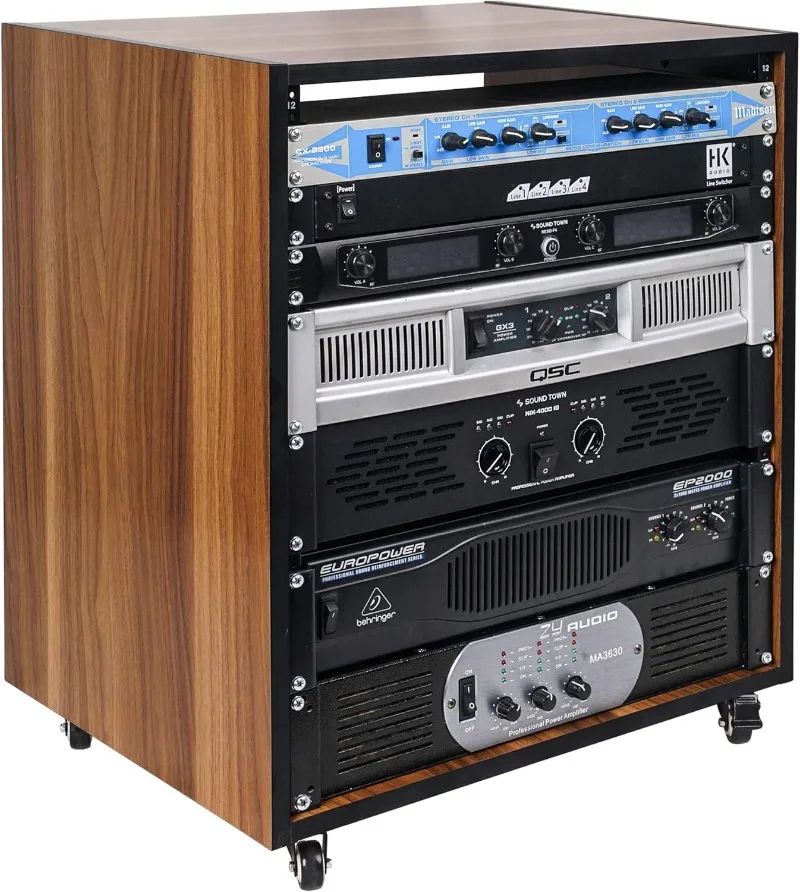 DIY 12U Studio Rack with Furniture Grade Walnut Laminate, Rubber Feet, Casters (SDRK-12WN)