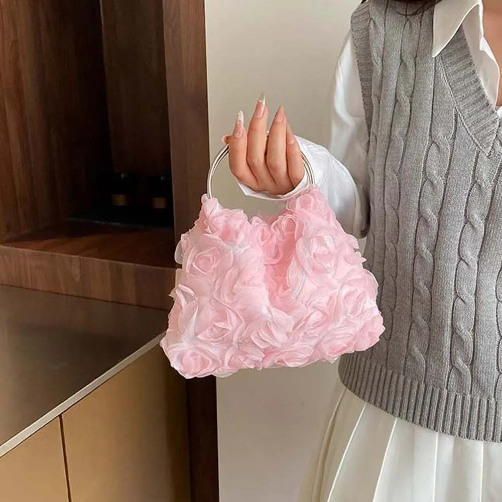 Versatile Mesh Rose Clutch Bag Large Capacity Multi-function Wedding Handbag Magnetic Button Polyester Female Phone Organizer