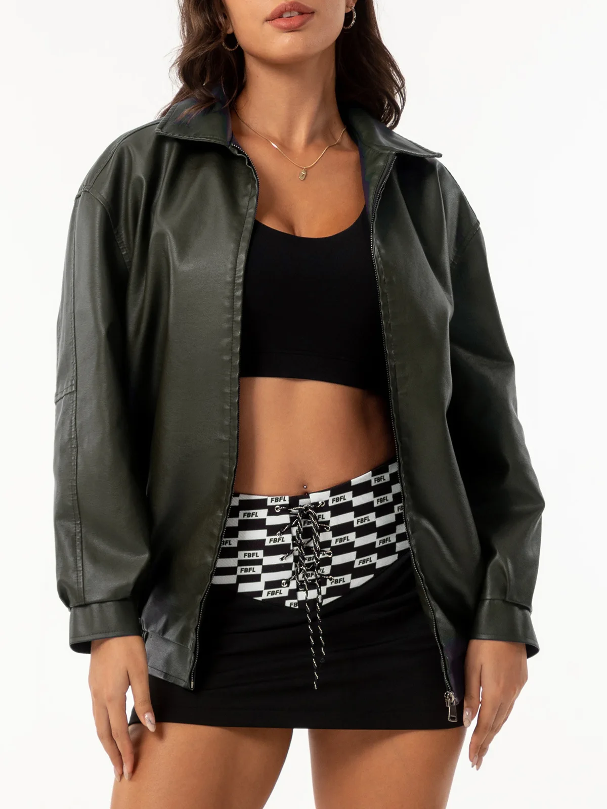 

Fashionable Loose Fit Leather Jacket for Women with Long Sleeves and Stand Collar for Spring and Autumn