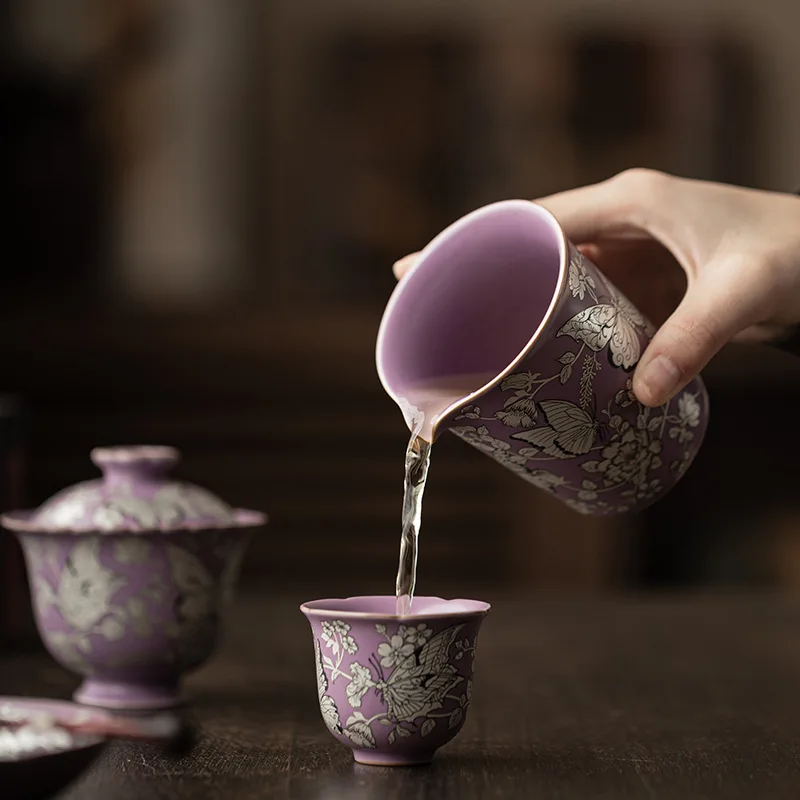 Purple Ru Silver Gilded Love of Gracked Glaze Supportable Ceramic Fair Cup Gong Dao Bei Tea Utensils Pot Serving