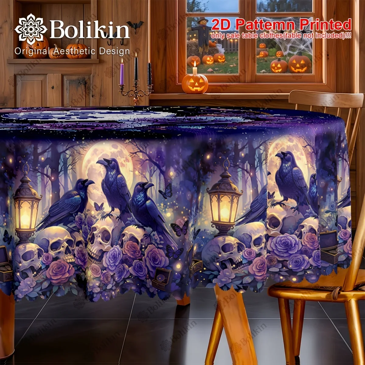 1 piece, Gothic Halloween-themed tablecloth, spring/summer butterfly, crow, skull, lantern, rose