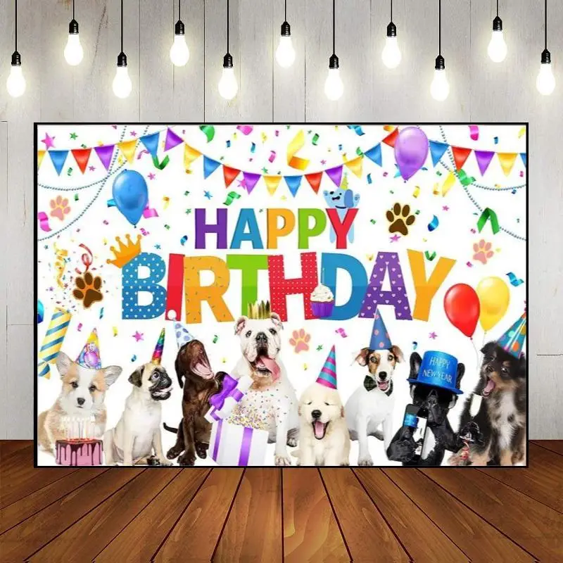 Let's Pawty Background Dog Theme Cartoon Owner Happy Birthday Party Backdrop Wall Photography Decoration Banner Baby Shower Pet