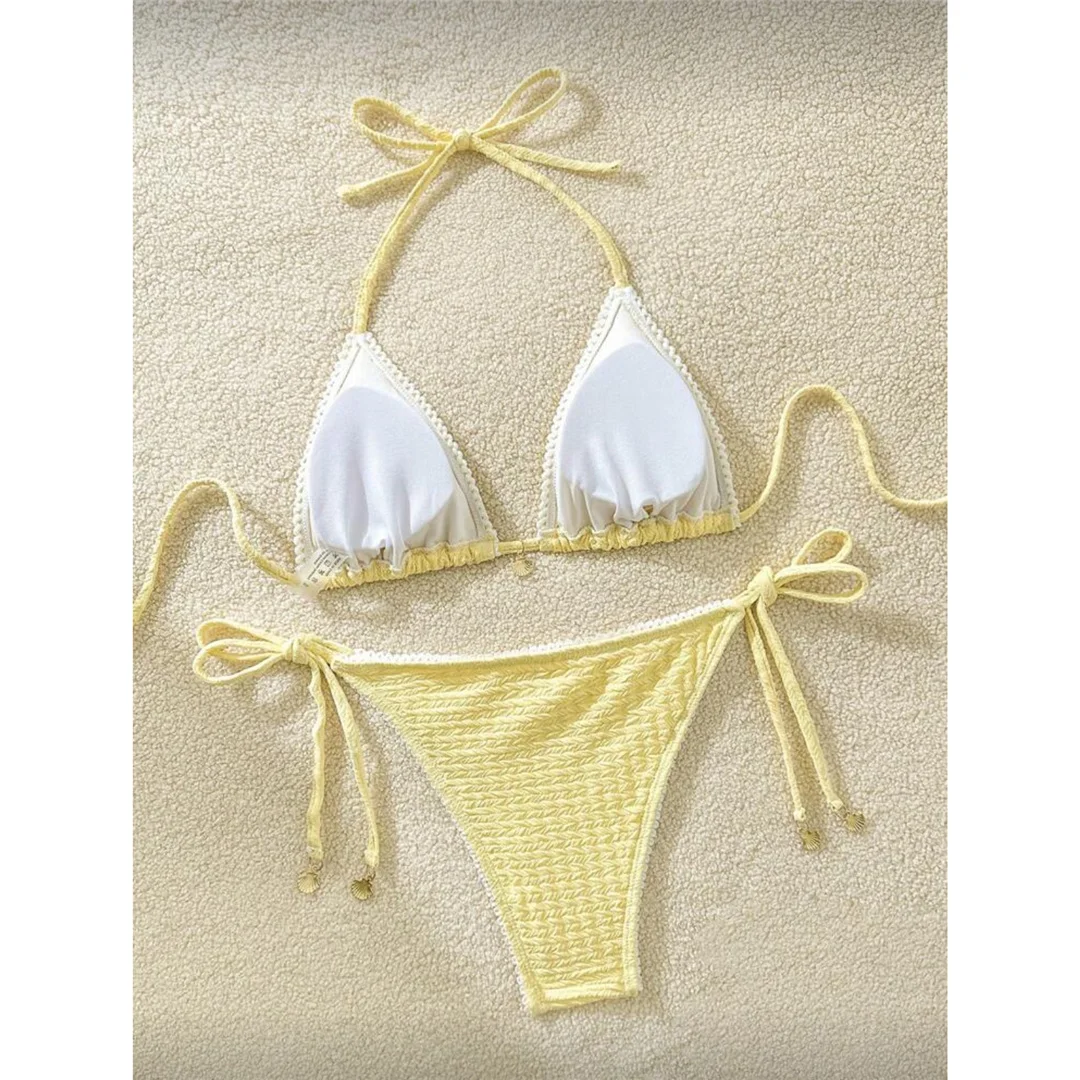 Zweiteiliges Bikini-Set mit hoch geschnittenen Beinen, Badeanzug, Badebekleidung, geraffter, knitteriger Halter-Bikini, Damen-Badebekleidung, Damen-Badeanzug M125 – Detail 14