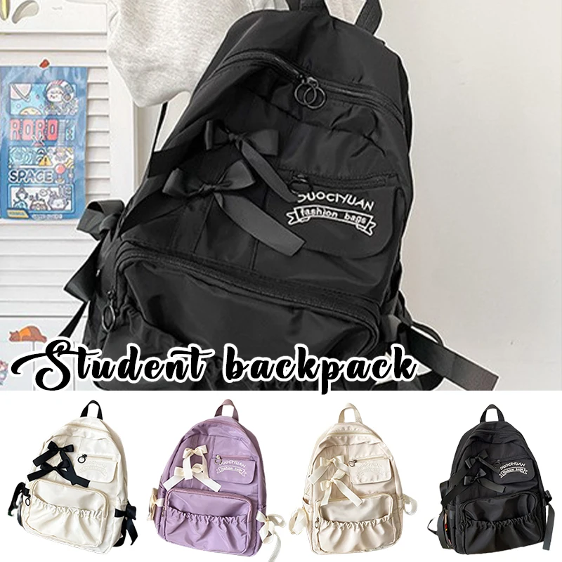 

New Student Backpack Women's Japanese Style Lightweight And Fashionable Backpack Solid Color Simple Bow Casual Travel Backpack