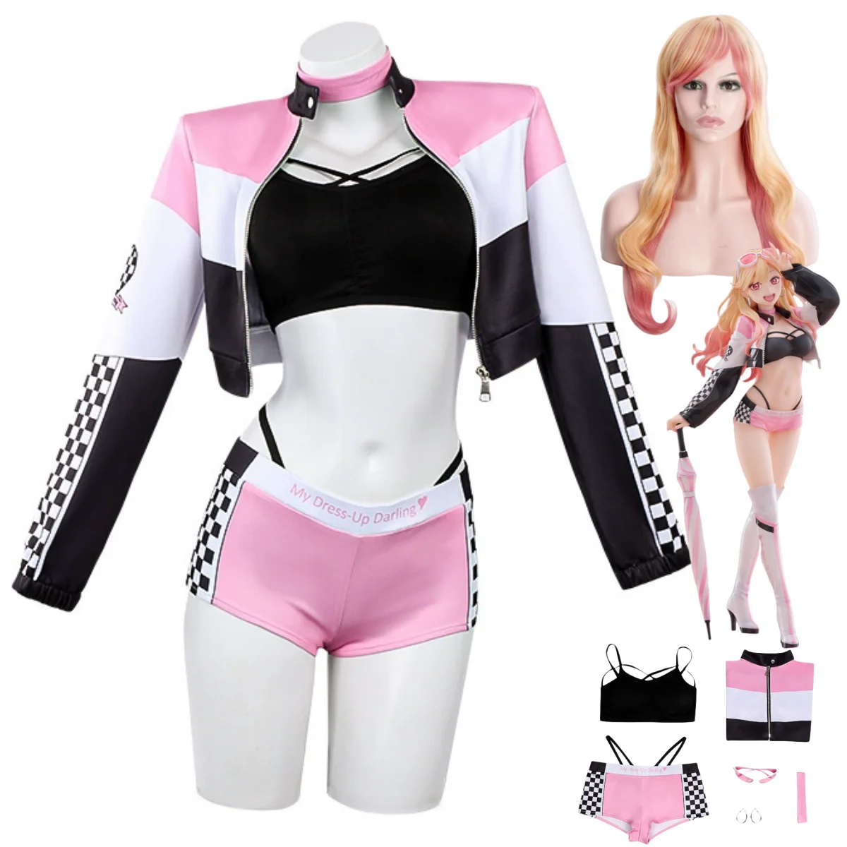 

Anime My Dress-Up Darling Kitagawa Marin Cosplay Costume Pink Racing Suit Coat Shorts Wig Woman Sexy Carnival Christmas Suit