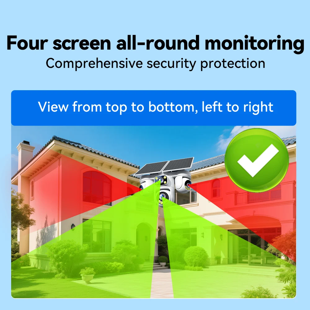 Wireless Solar 4G Security Camera 20MP Six Motors 4 Lens 4 Screens A0V Recording with 12000mAh 360° Auto Tracking Alarm CCTV view 4
