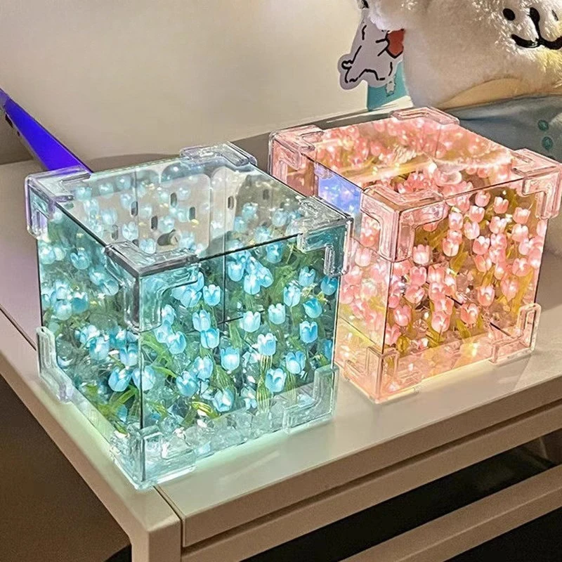 Tulip Flower Sea Night Light Handmade DIY Magic Cube Three-dimensional Mirror Creative Decoration Ornaments Couple Gift