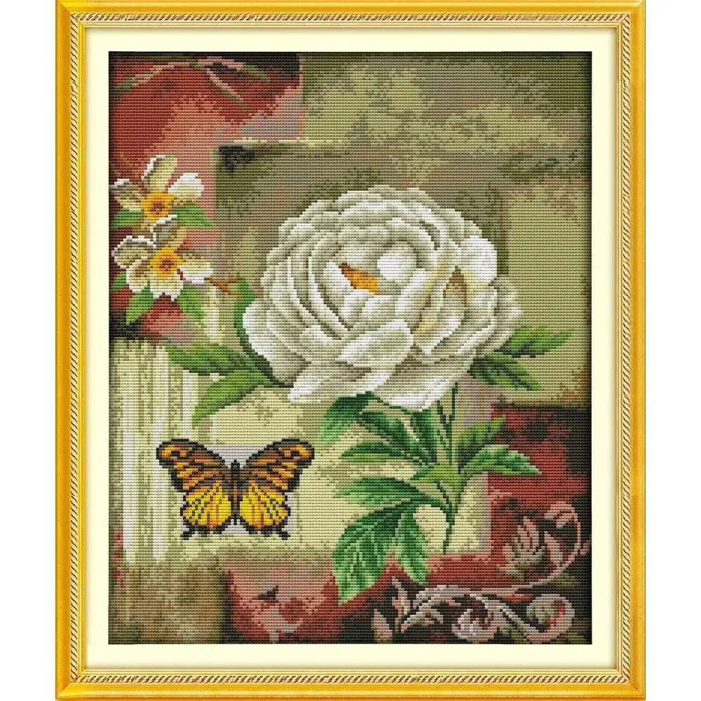 Joy Sunday News Printed Cross Stitch Kit ,  Easy Sewing Pattern for Beginner  Stamped Fabric Embroidery Set-Butterfly Over Flowe