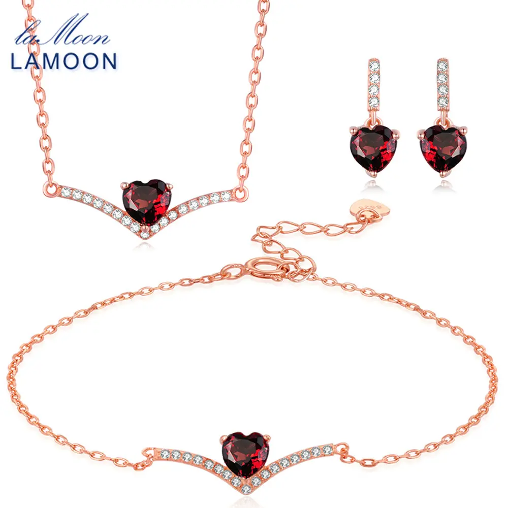 LAMOON 100% Natural Heart cut Red Garnet 925 Sterling Silver Jewelry  S925 Jewelry Set V004-3