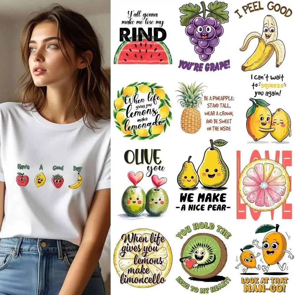 25CM Cartoon Fruit Tomato Lemon Letter Transfer Patches For Clothes Sticker DIY A-Level Washable Shirt Iron-on Thermal Stickers