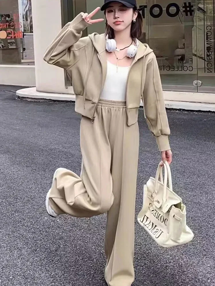 

Korean Hooded Zipper Long Sleeve Cardigan Tops Conjuntos Women High Waist Wide Leg Sweatpants Tracksuit Chic Sport 2 Pieces Sets