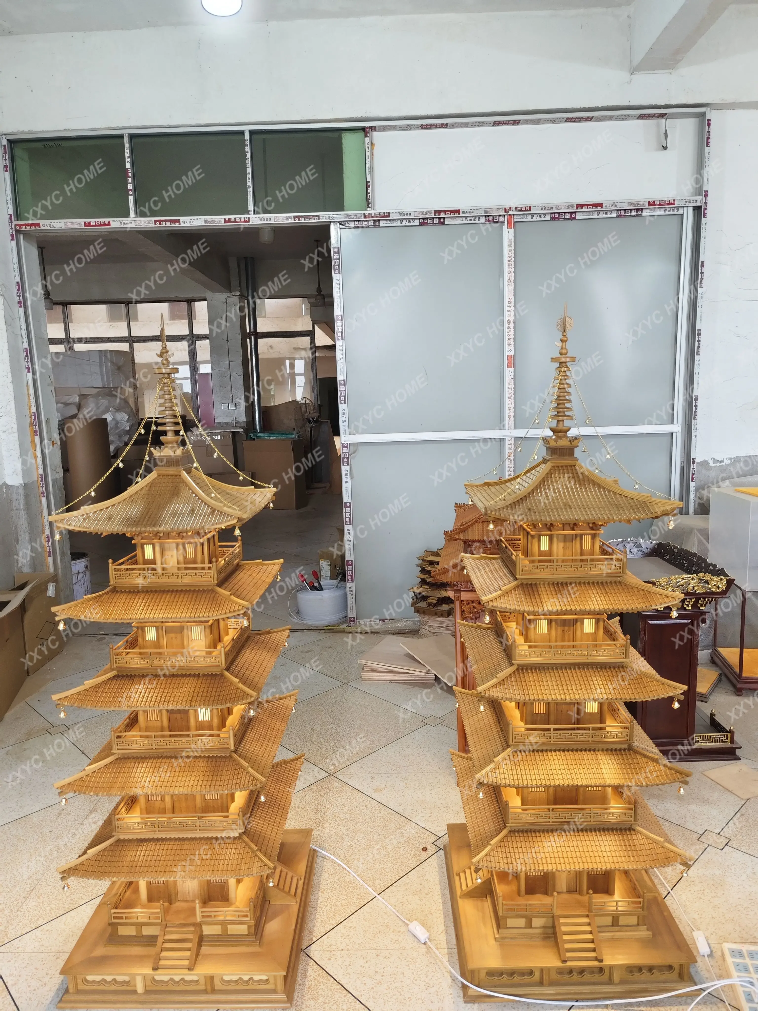 Ancient building five-story tower model golden silk teak flower tower handicraft ornament