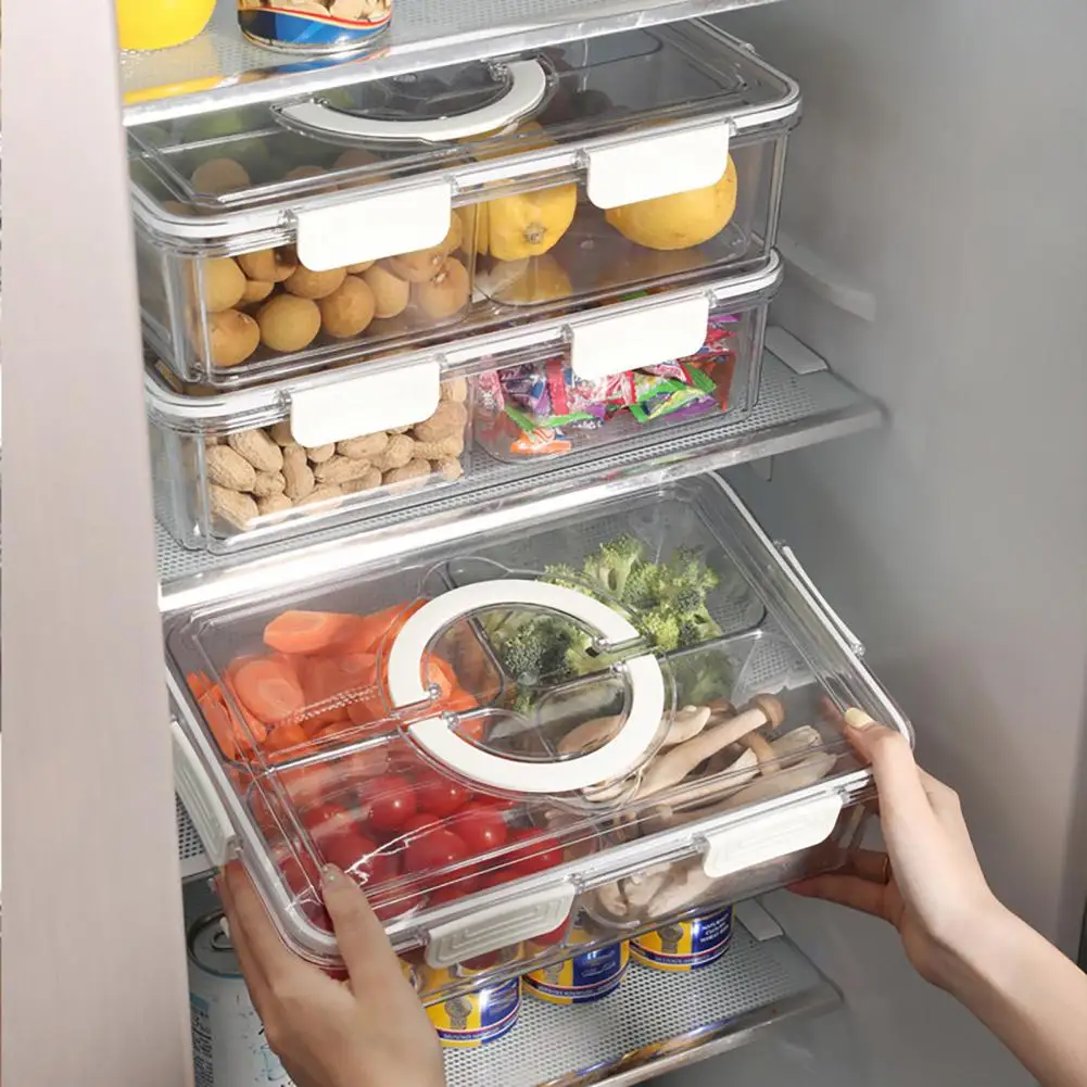 Refrigerator Storage Box with Lid Food Grade Transparent Visible Handle Design Portable Snack Box Divided Serving Tray