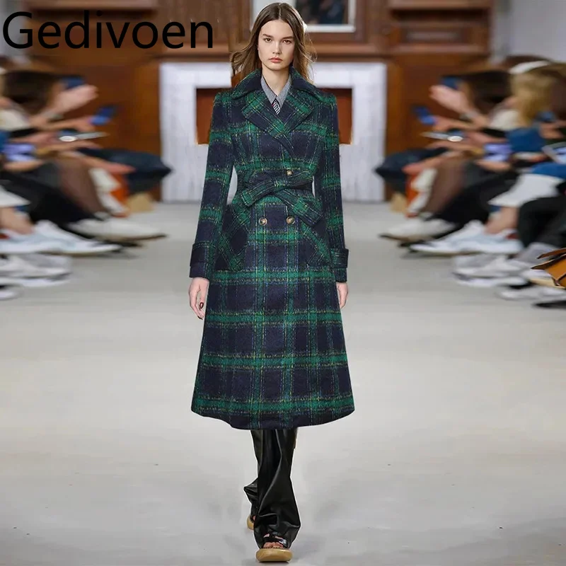 Gedivoen Fashion design Women's Coat Long-Sleeved Dluble-Breasted Lace-Up Bow Autumn and Winter Plaid Overcoat