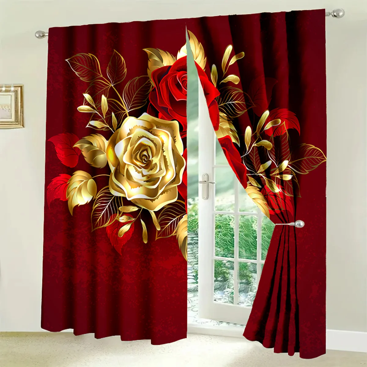 2pcs Luxury Red Gold Roses Print Window Curtains for Bedroom Living Room Blackout Thermal Insulated Drapes Elegant Home Decor