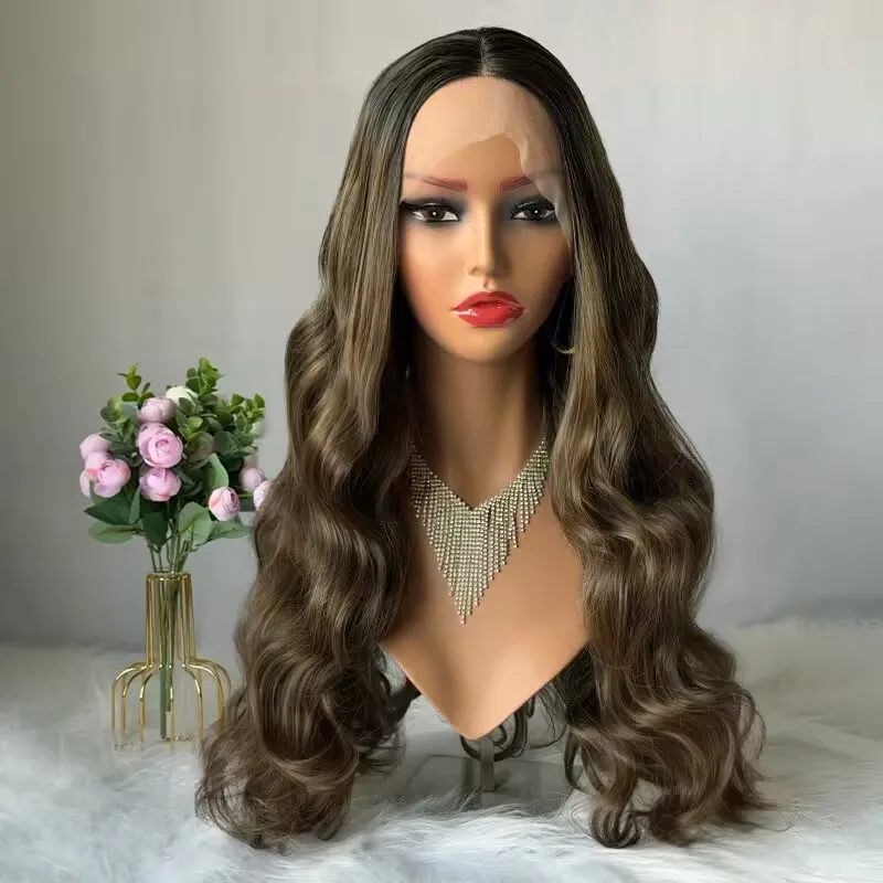شعر مستعار ناعم طويل مموج أومبير بني داكن يسلط الضوء على شعر مستعار Balayage للنساء جودة عالية الاصطناعية HD الدانتيل الجبهة الباروكات للنساء