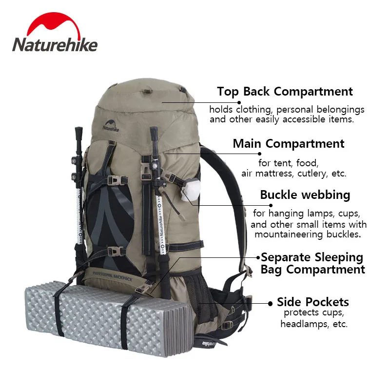 Naturehiek Hiking Backpack 70L Waterproof Outdoor Sport Lightweight Camping Cycling Mountaineering Trekking Bag with Rain Cover