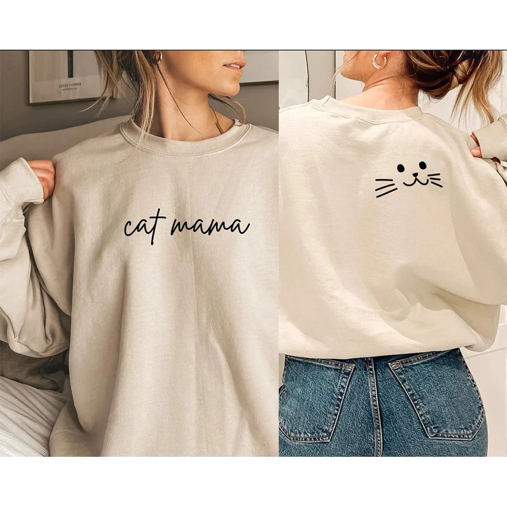 Women Cat Mama Sweatshirt Cat Lover Pullover Funny Front and Back Print Sweater Cat Mom Crewneck Sweatshirt  Mother's Day Gift