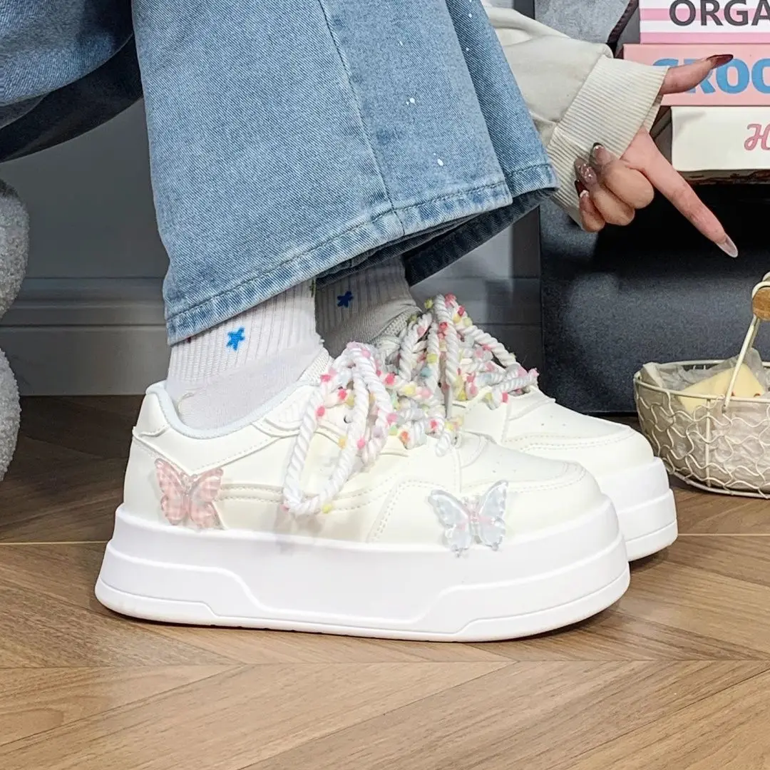 

​Butterfly Design Women's White Sneakers 2025 Spring and Autumn Height Increasing Versatile Lace Up Shoes for Students​