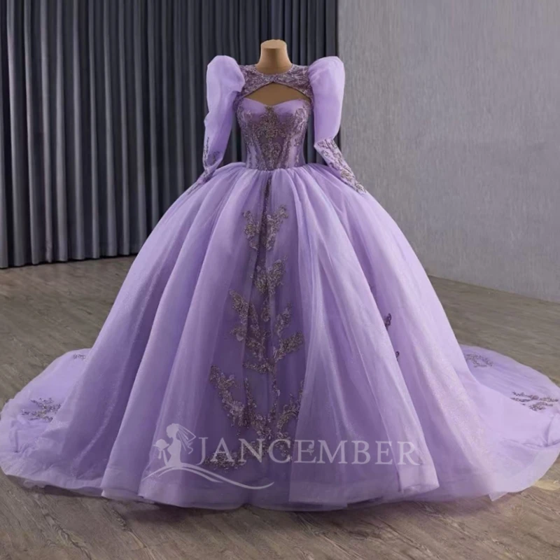 

Лавандовое блестящее платье Quinceanera, бальное платье с открытыми плечами, аппликация, кружево, бисер, кристаллы, длинные рукава, корсет, милое платье 16,
