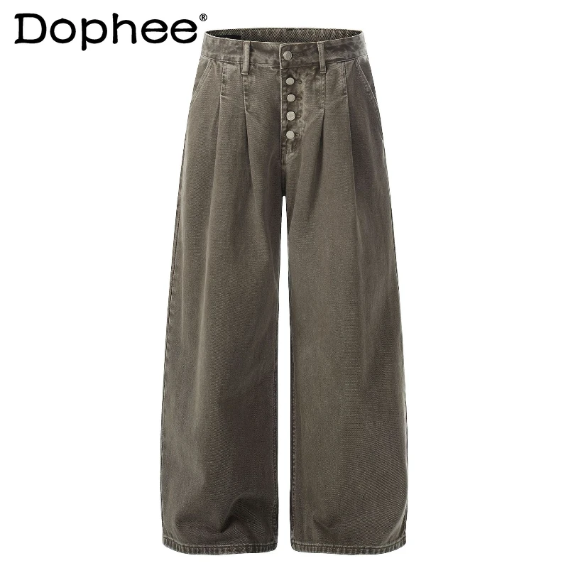 

Модные джинсы унисекс 2026 года, весенняя новинка, элитные, с множеством пуговиц, плиссированный дизайн, свободные широкие джинсы с изогнутыми штанинами