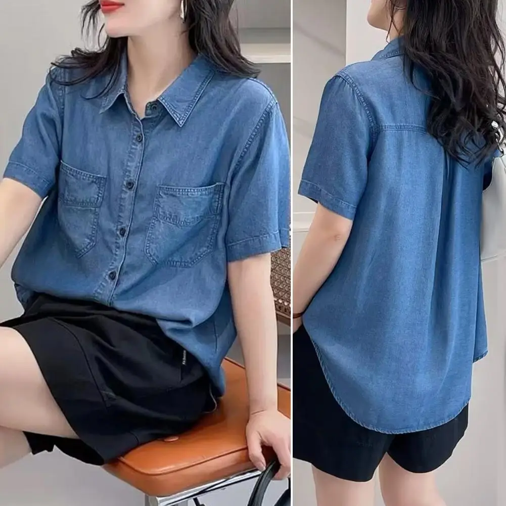 

Denim Shirt with Pockets Stylish Women's Denim Shirt Lapel Short Sleeve Multiple Pockets Retro Single Breasted Design for Women