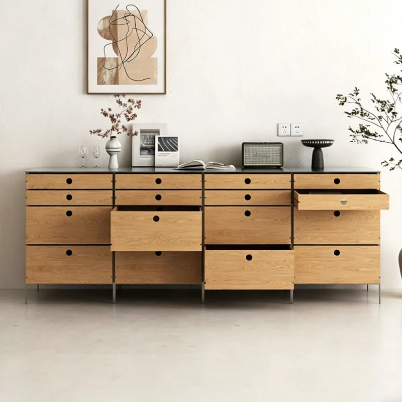 Birch solid wood simple marine style four drawers multi-layer floor dining side cabinet with stainless steel bar cabinet